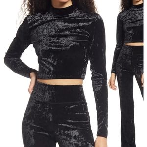 BP. Mock Neck Long Sleeve Stretch Velvet Top Black Extra Small Women's Shirt